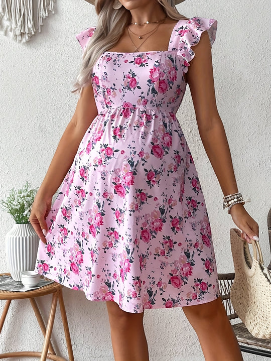 Maternity Floral Square Neck Flowy Bohemian Dress