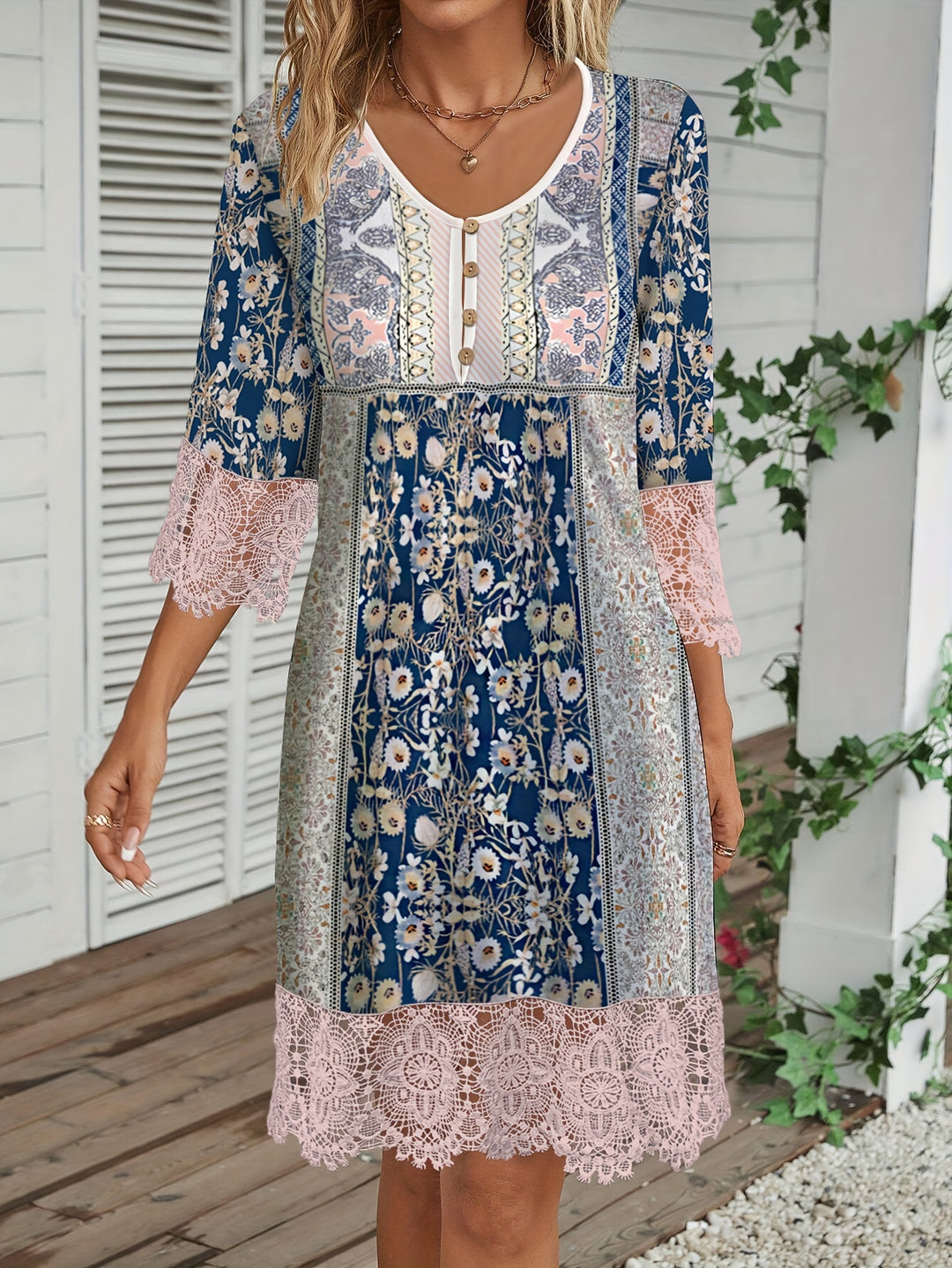 Bohemian Mixed Print Lace Trim Dress