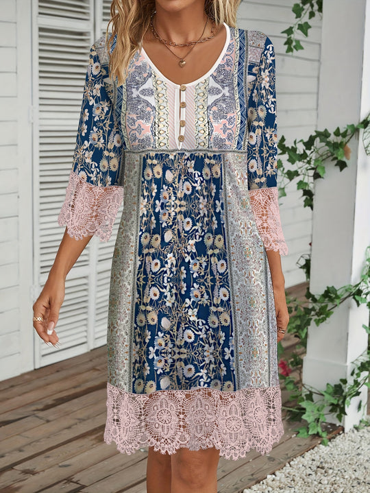 Bohemian Mixed Print Lace Trim Dress