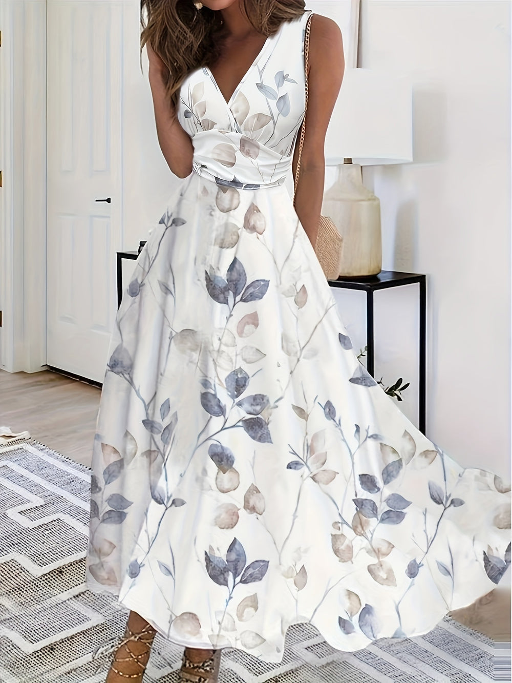 Bohemian Leaf Print V-Neck Maxi Dress