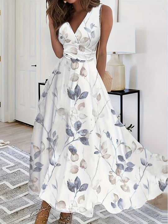 Bohemian Leaf Print V-Neck Maxi Dress