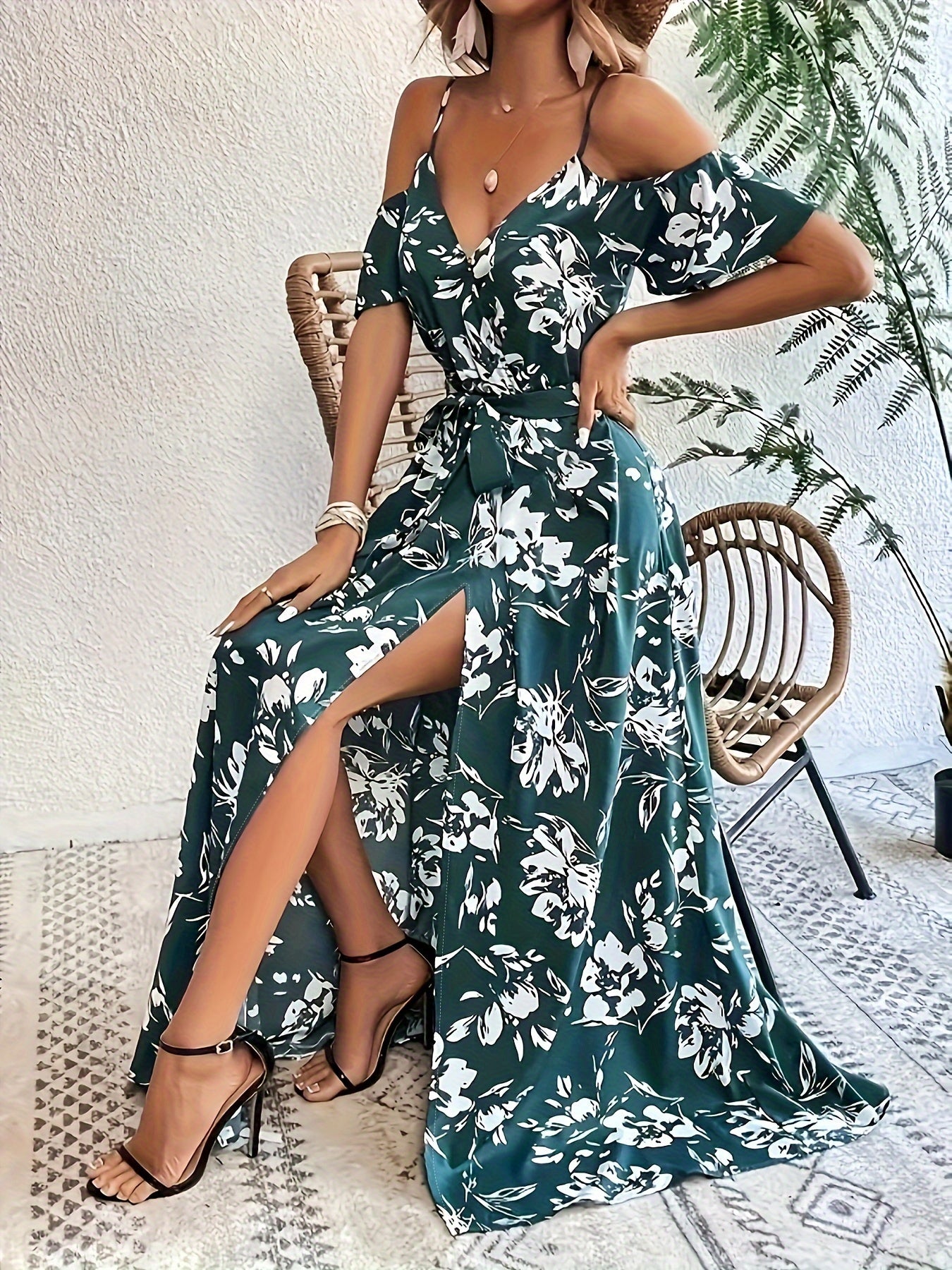 Floral Cold Shoulder Slit Maxi Dress