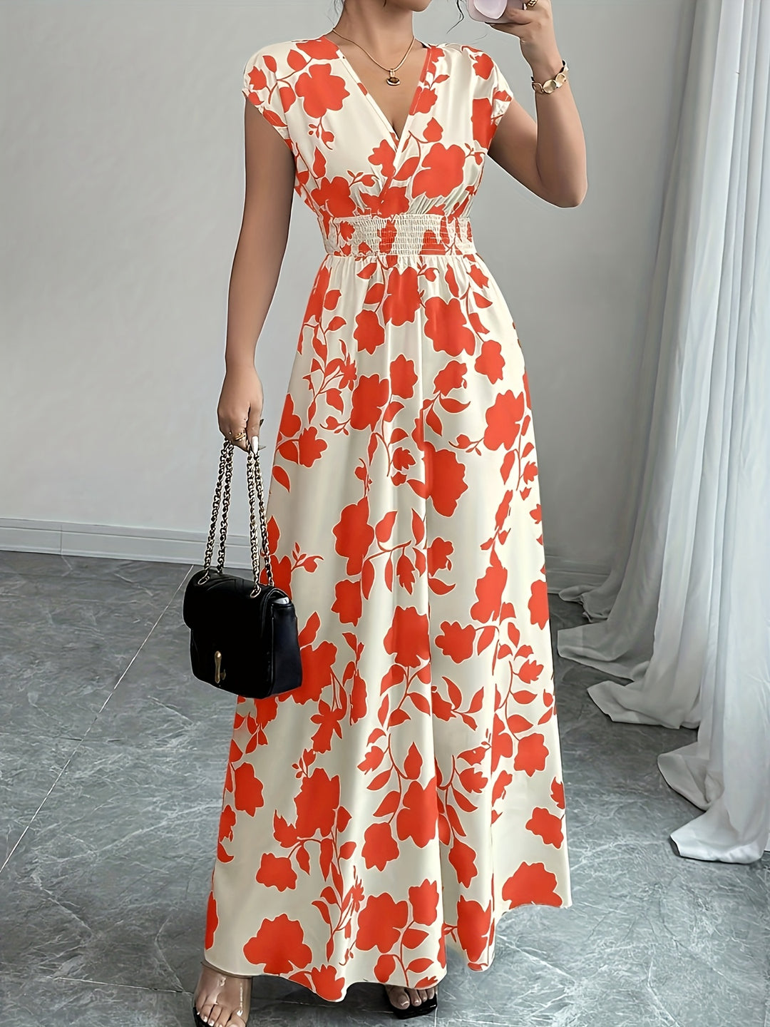 Bohemian V-Neck Smocked Waist Maxi Dress