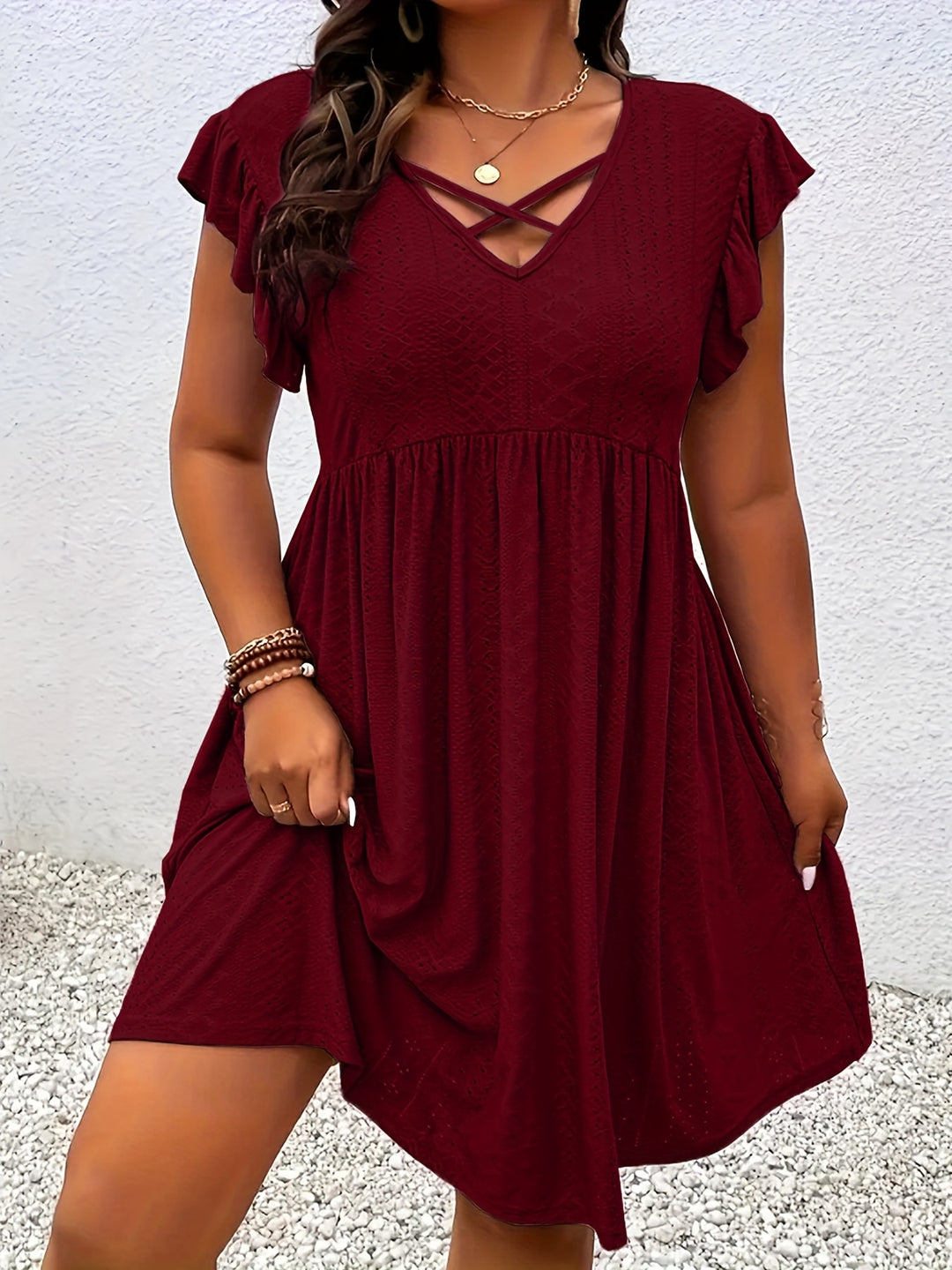 Boho Textured Flutter Sleeve Dress - Plus Size