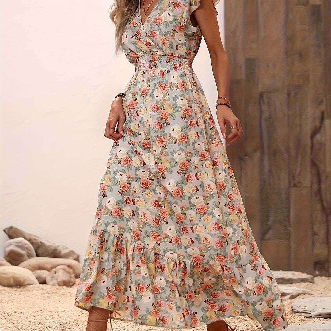 Floral Surplice V-Neck Smocked Maxi Dress