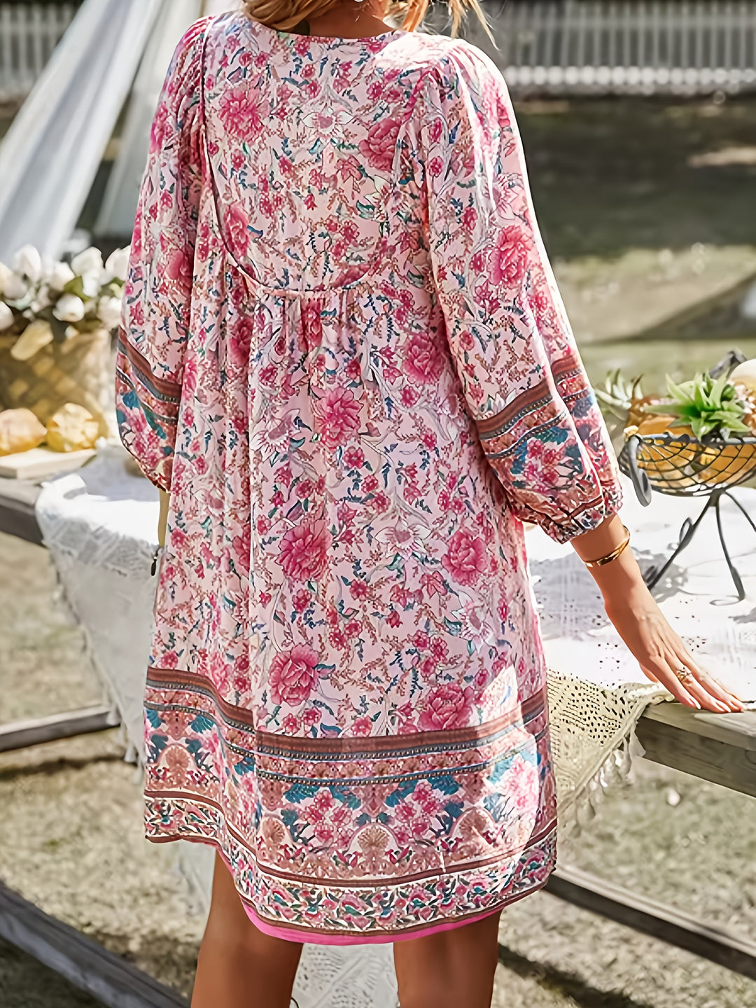 Mixed Floral Print Long Sleeve Boho Dress