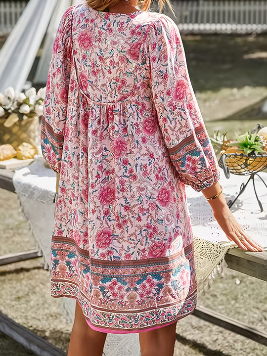 Mixed Floral Print Long Sleeve Boho Dress