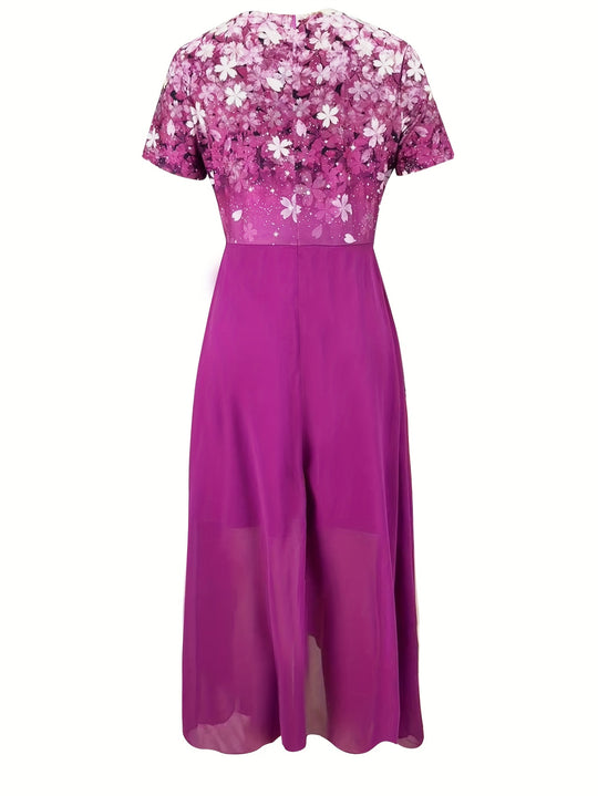 Elegant V-Neck Floral Bodice Maxi Dress
