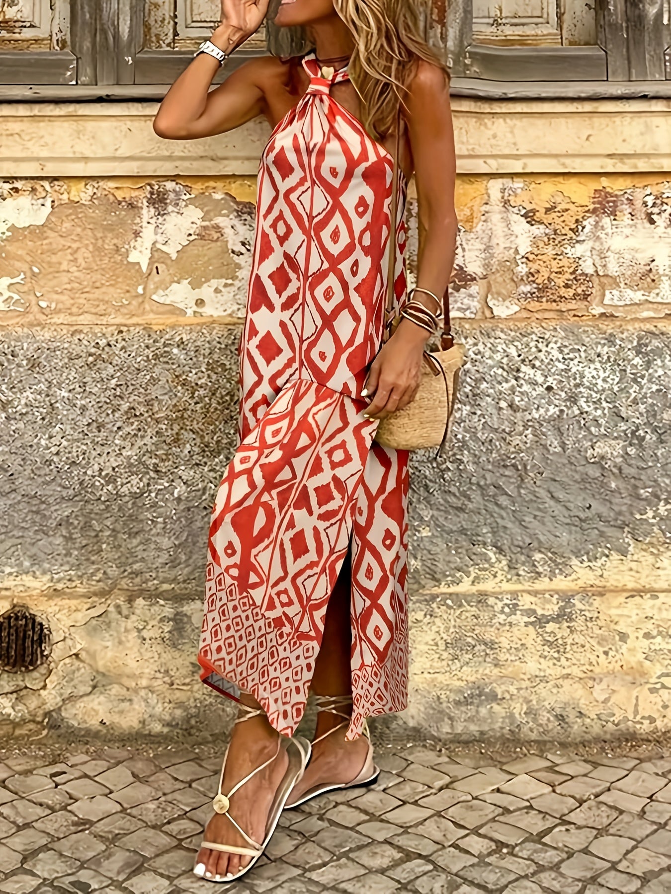 Boho Geometric Pattern Halter Slit Summer Dress