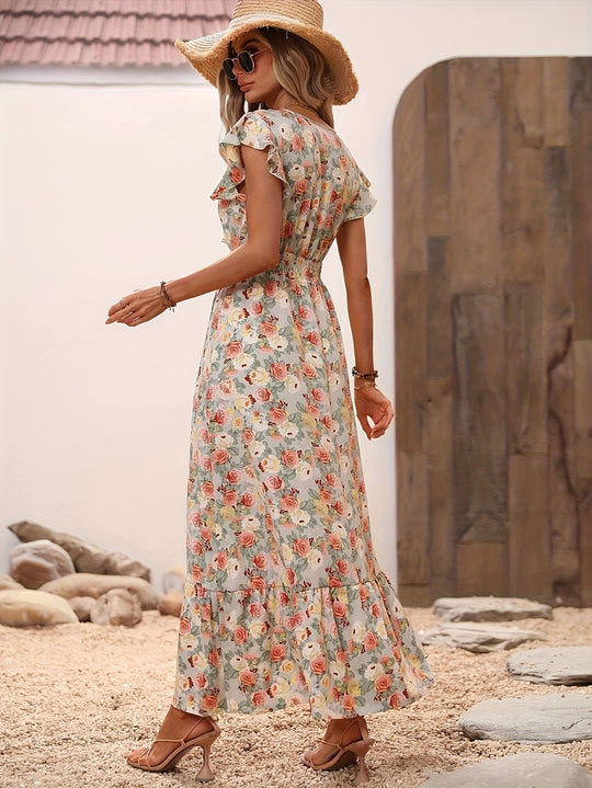 Floral Surplice V-Neck Smocked Maxi Dress