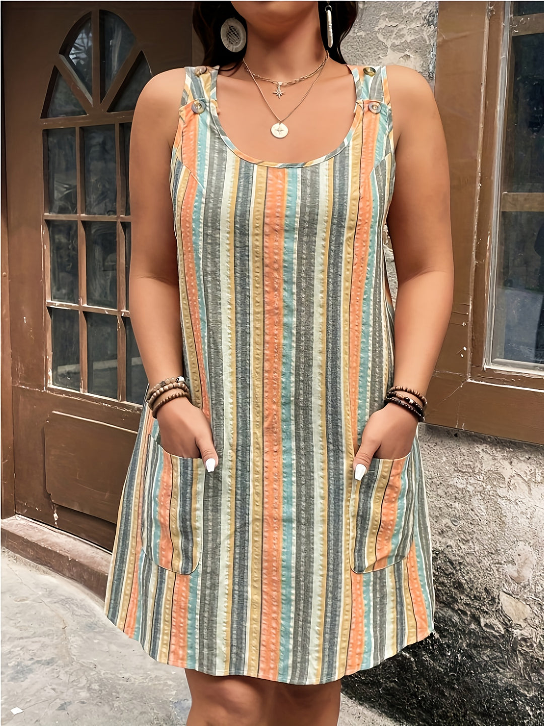 Plus Size Sleeveless Striped Pocket Mini Boho Dress