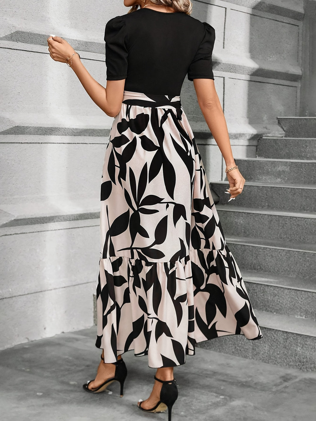 Puff Sleeve Floral Tie Waist Maxi Dress