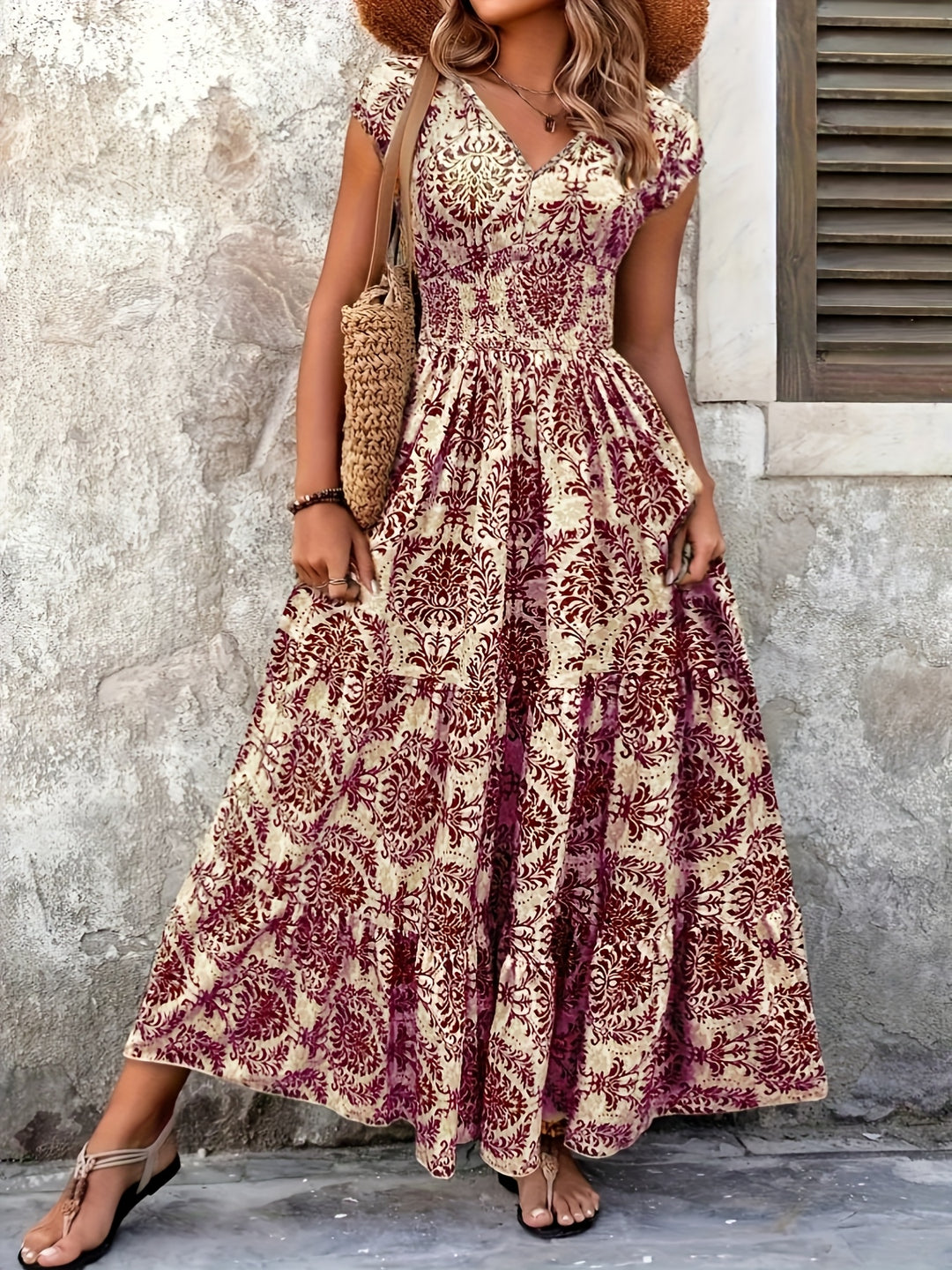 Wide Smocked Waist Intricate Print Flowy Dress