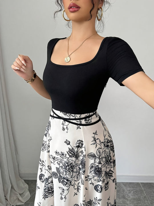 Square Neck Contrast Bodice Floral Maxi Dress