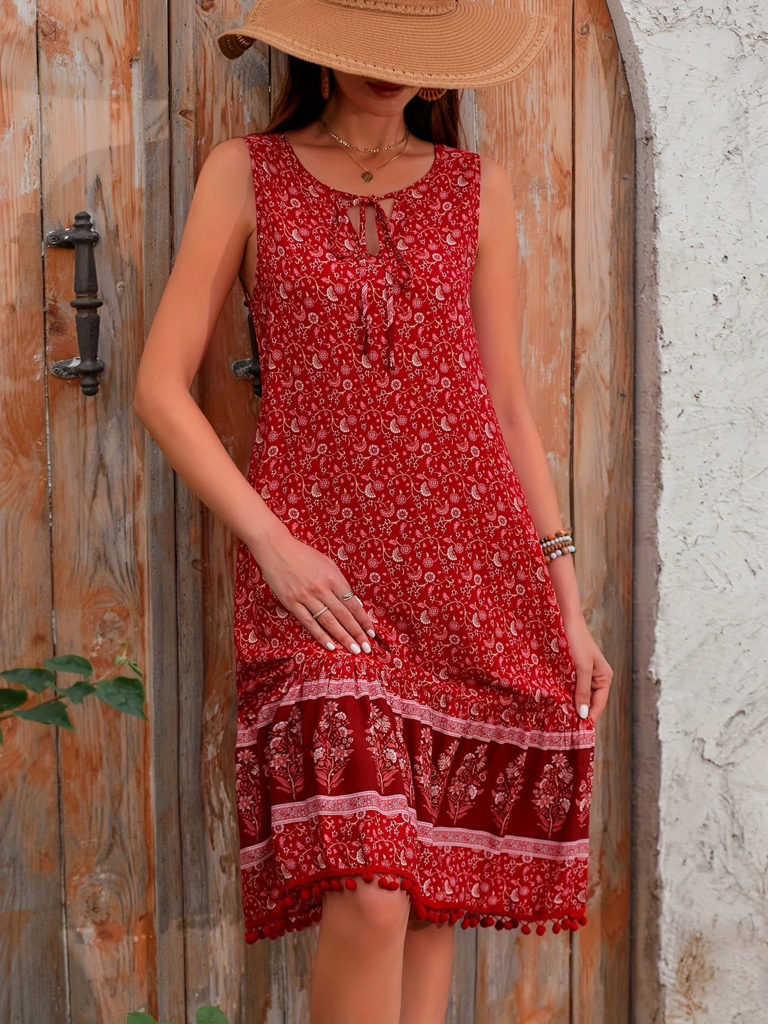 Bohemian Floral Pom-Pom Trim Midi Dress