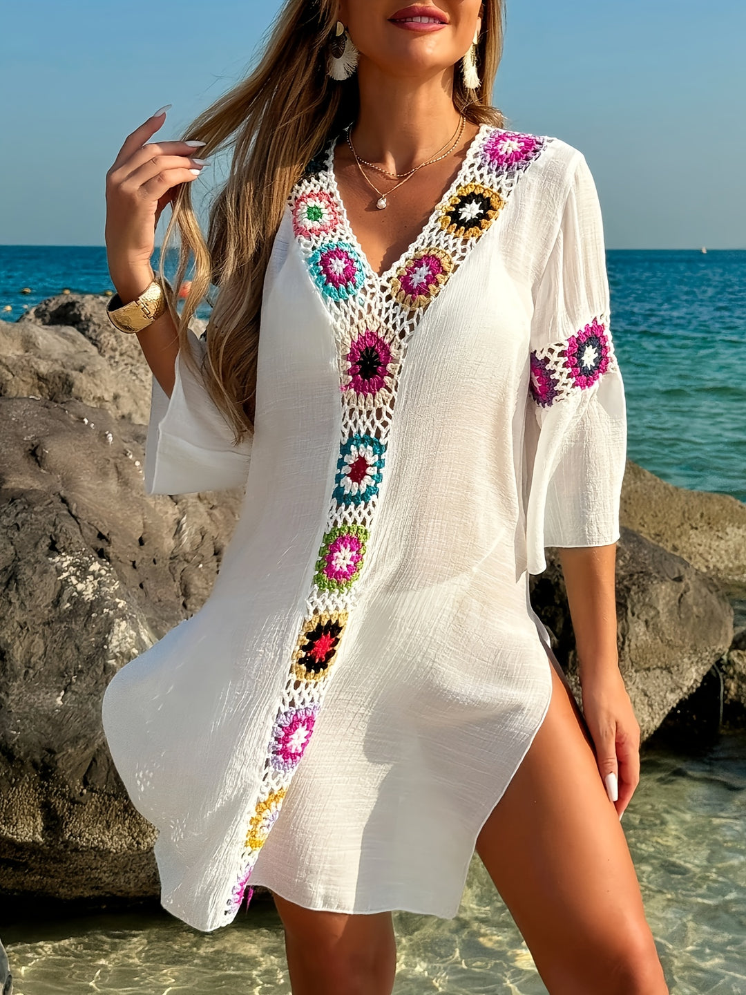 Crochet Trim V-Neck Boho Beach Dress
