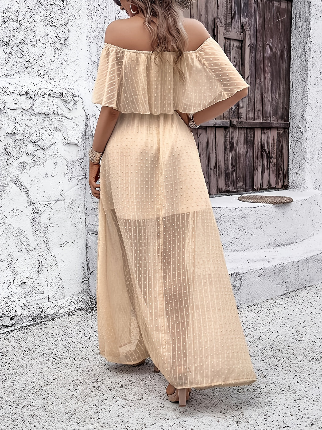Beige Off-the-Shoulder Swiss Dot Maxi Summer Dress