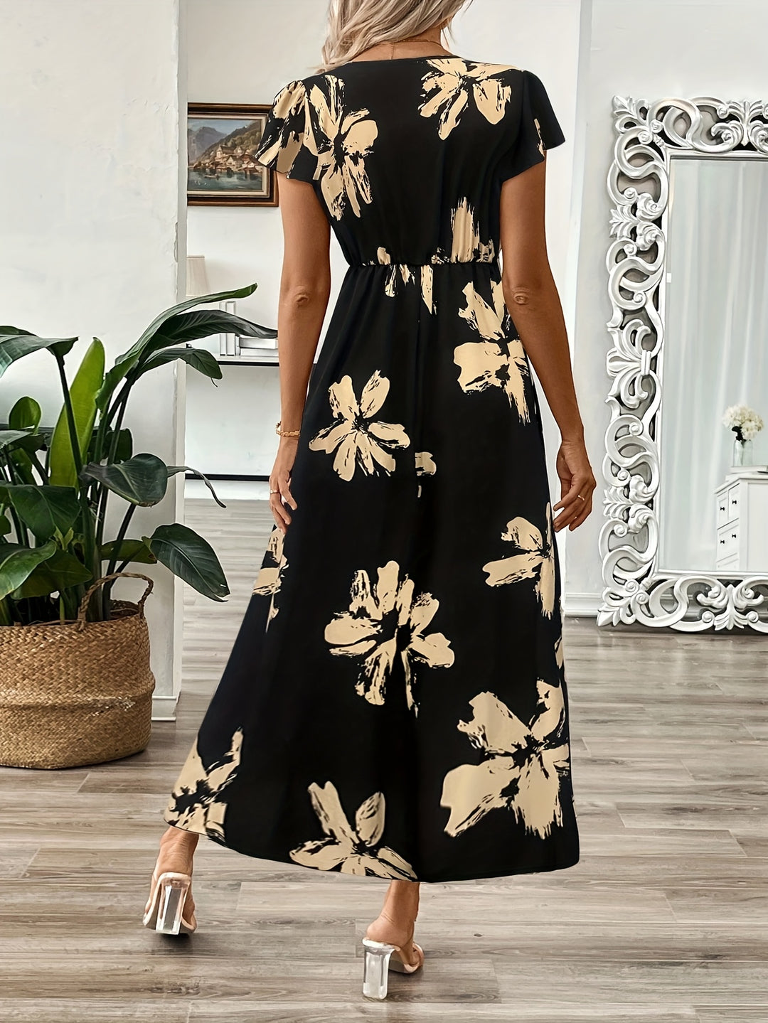Bold Floral Print Short Sleeve Summer Maxi Dress