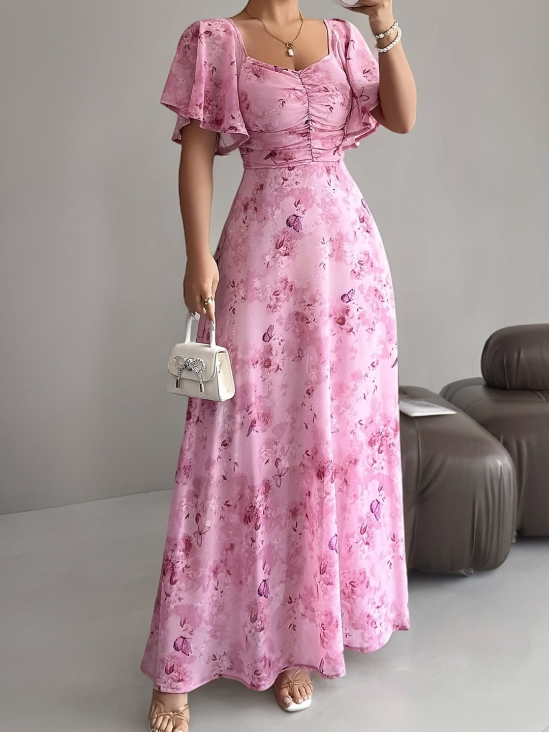 Elegant Sweetheart Neck Floral Maxi Dress