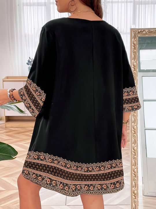 Bohemian Earthy Motif Relaxed Fit Summer Dress - Plus Size