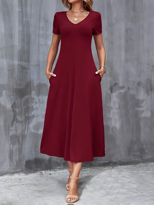 Casual V-Neck Pocket Midi Dress