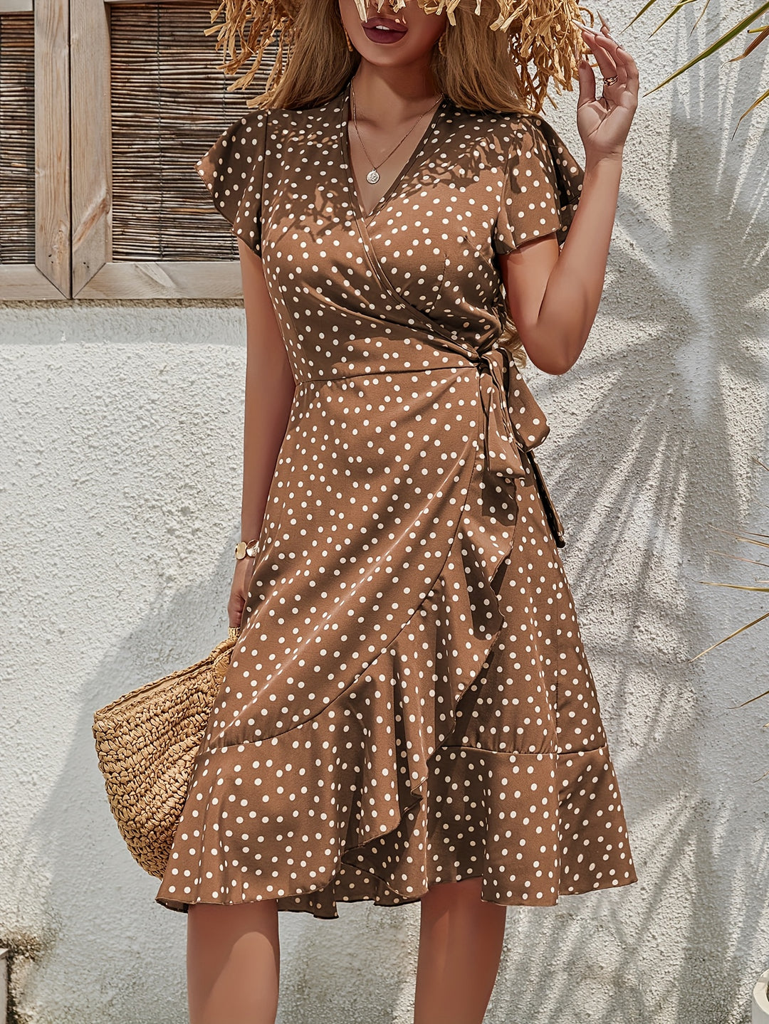 Polka Dot Wrap V-Neck Flutter Sleeve Bohemian Dress