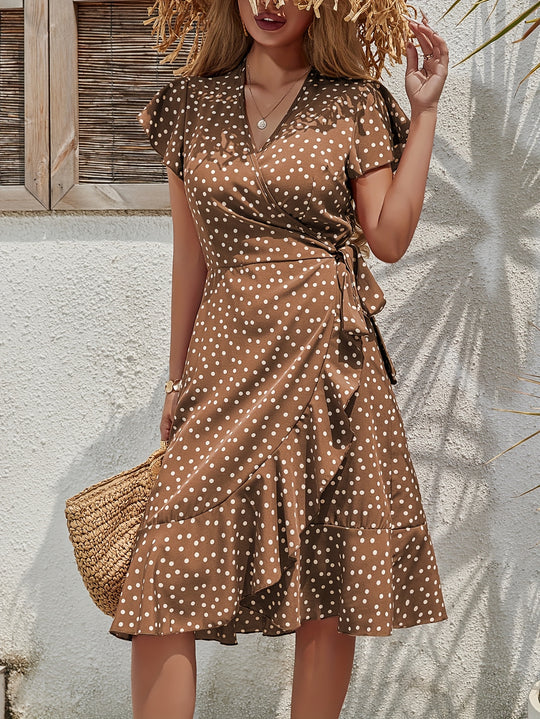 Polka Dot Wrap V-Neck Flutter Sleeve Bohemian Dress