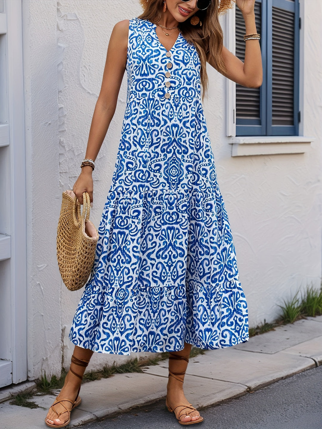 Bohemian V-Neck Button Front Midi Dress