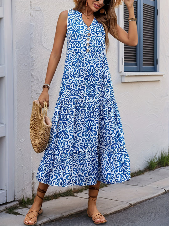 Bohemian V-Neck Button Front Midi Dress