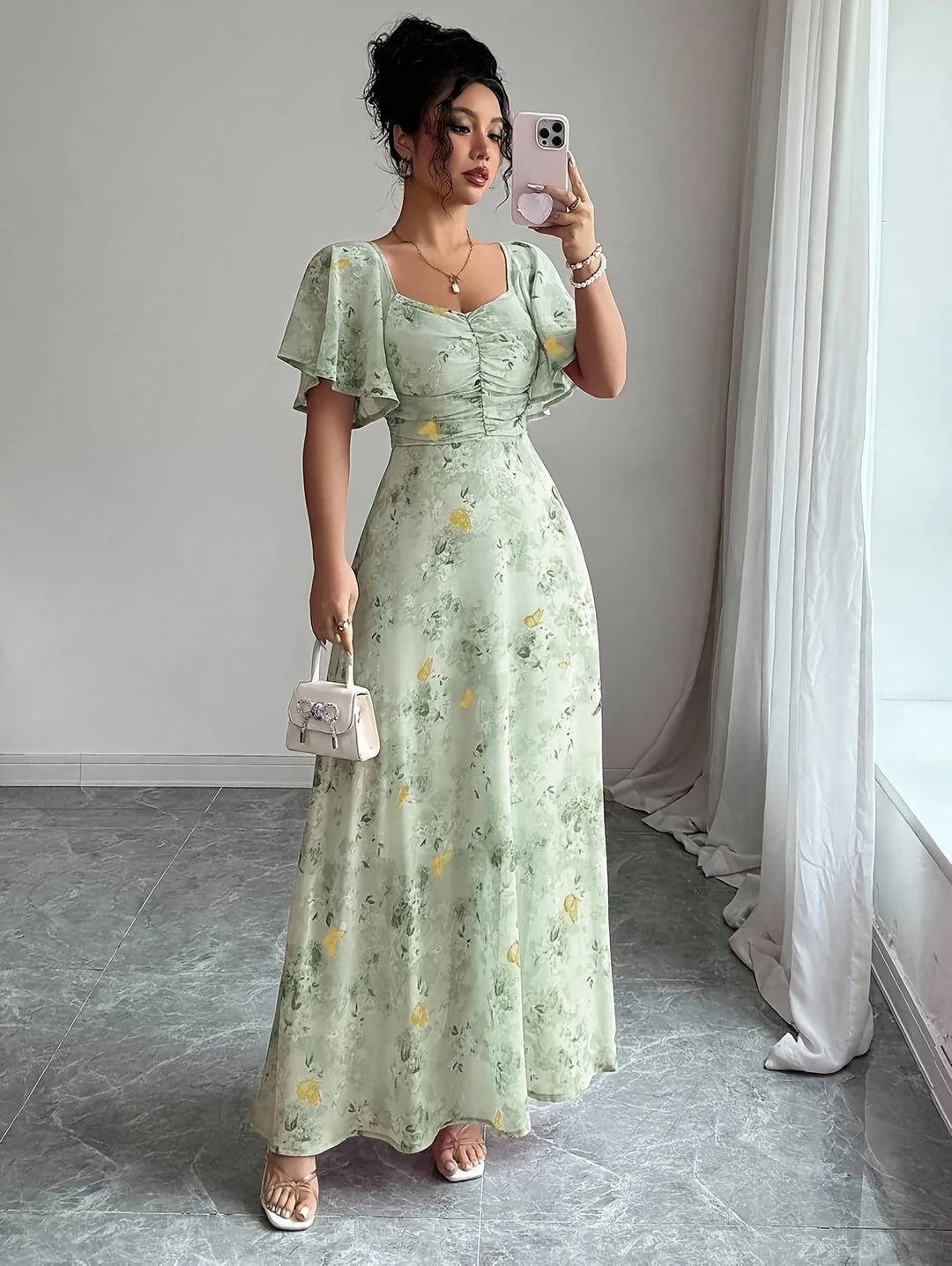 Elegant Sweetheart Neck Floral Maxi Dress