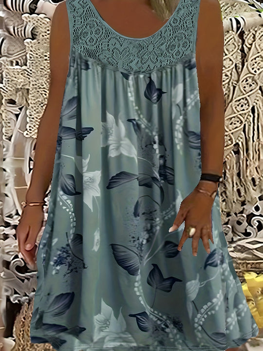 Plus Size Floral Lace Trim Sleeveless Bohemian Dress