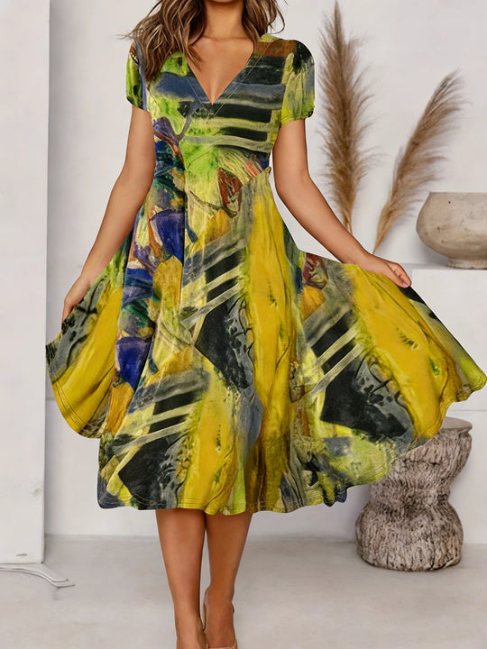 Summer Abstract Print V-Neck Bohemian Dress