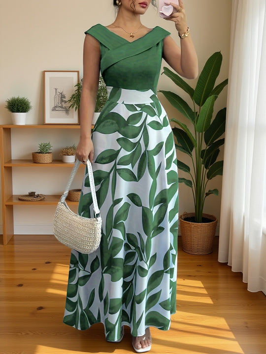 Elegant Leaf Print V-Neck Maxi Dress