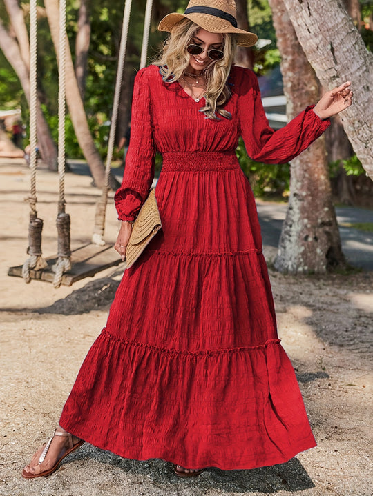 Textured Fabric Tiered Bohemian Maxi Dress