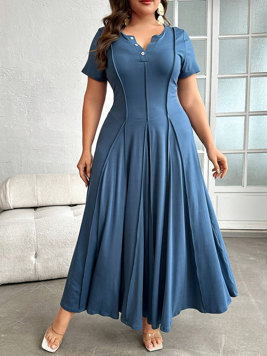 Button-Front Short Sleeve Paneled Maxi Dress - Plus Size