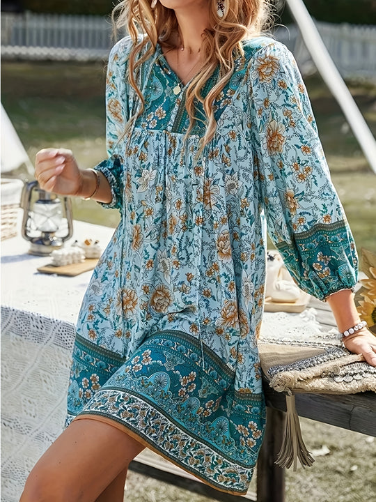 Mixed Floral Print Long Sleeve Boho Dress