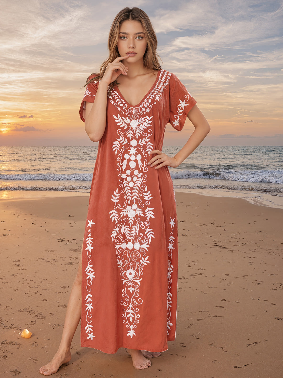 Bohemian V-Neck Embroidered Kaftan Maxi Dress