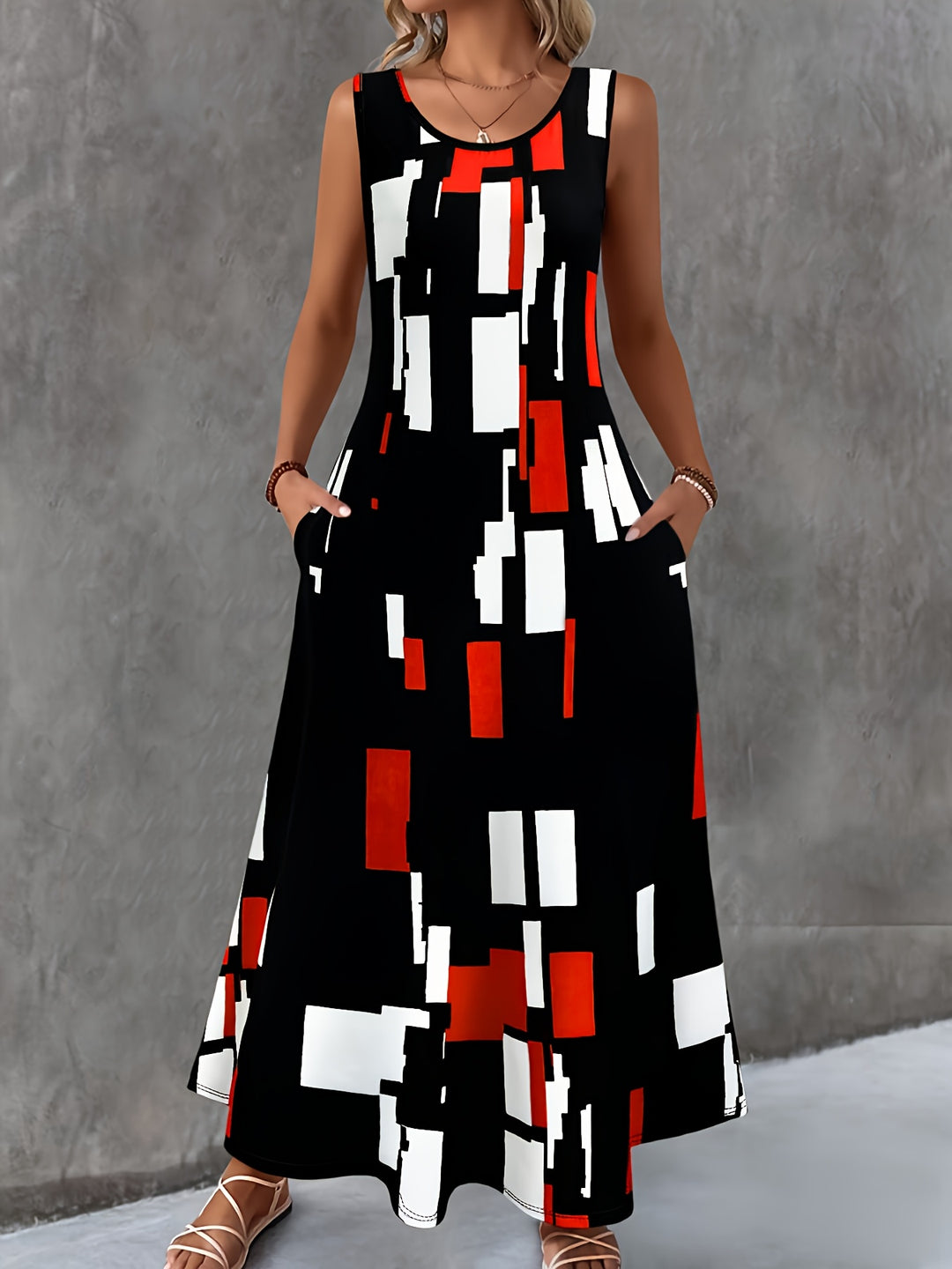 Abstract Geometric Sleeveless Maxi Boho Dress