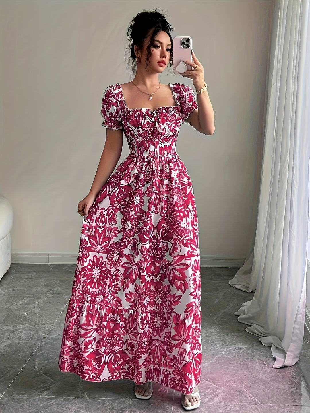 Floral Square Neck Puff Sleeve Maxi Dress