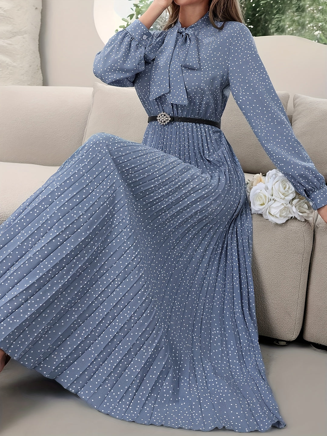 Elegant Tie Neck Pleated Maxi Dress
