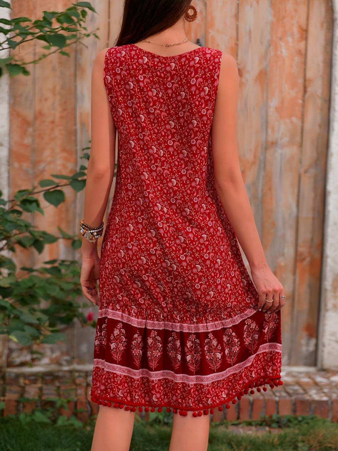 Bohemian Floral Pom-Pom Trim Midi Dress
