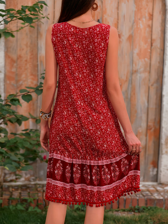 Bohemian Floral Pom-Pom Trim Midi Dress