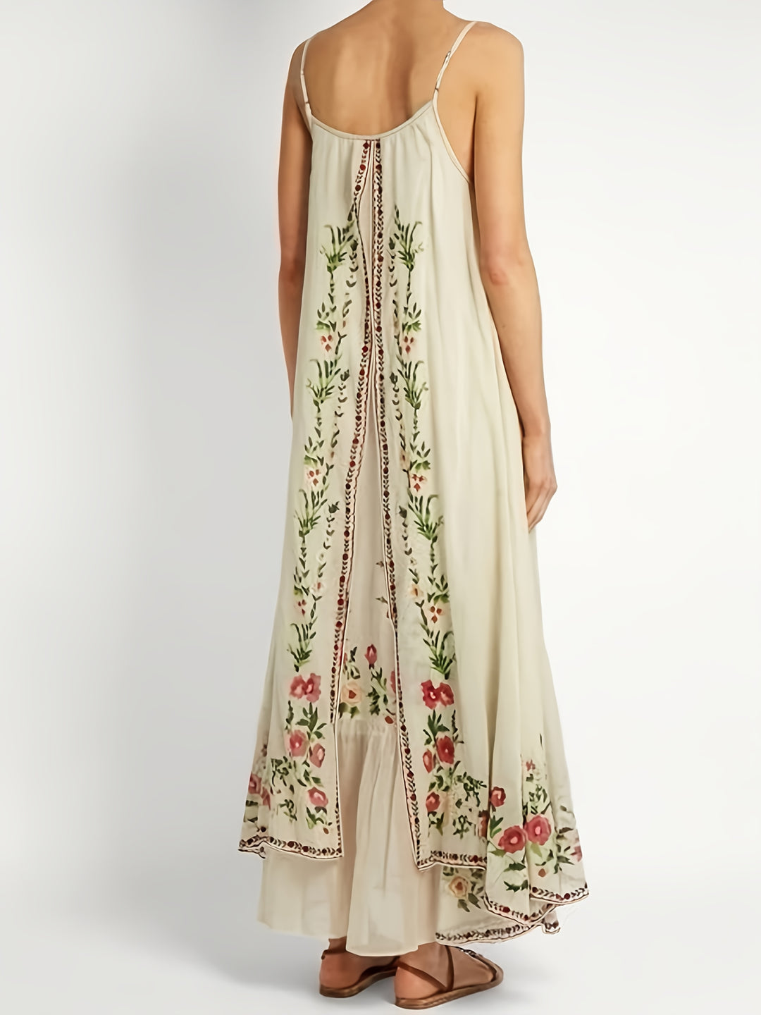 Spaghetti Strap Floral Border Maxi Boho Dress