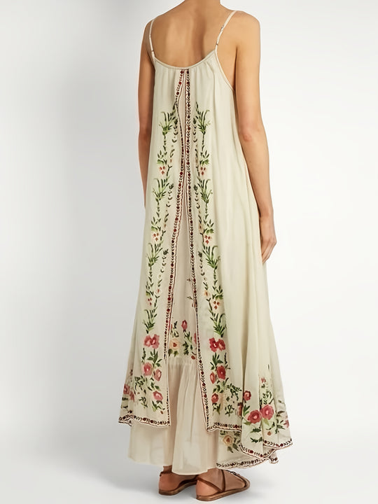 Spaghetti Strap Floral Border Maxi Boho Dress