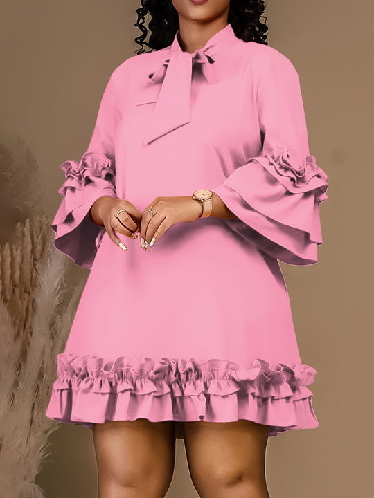 Bow Tie Neck Ruffle Sleeve Bohemian Short Dress - Plus Size