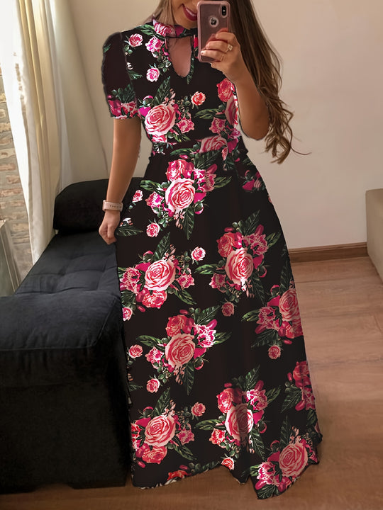 Elegant Rose Print Tie Waist Maxi