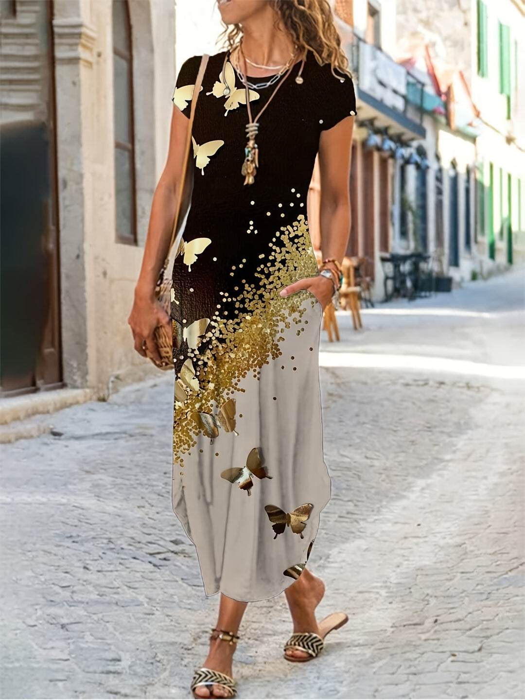 Short Sleeve Mixed Print Pocket Bohemian Maxi Dress