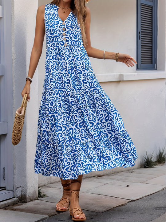 Bohemian V-Neck Button Front Midi Dress