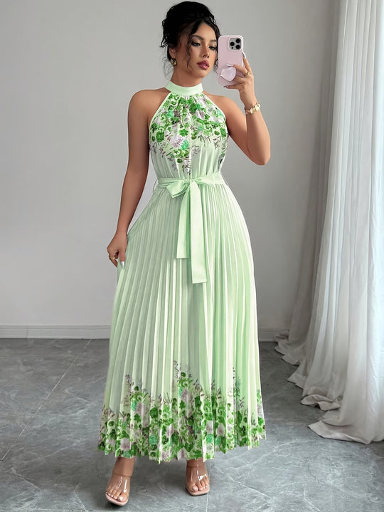 Halter Neck Floral Pleated Boho Dress