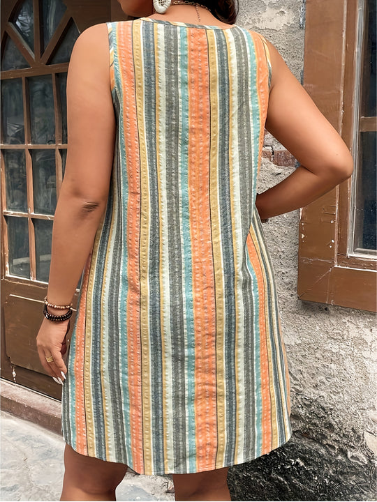 Plus Size Sleeveless Striped Pocket Mini Boho Dress